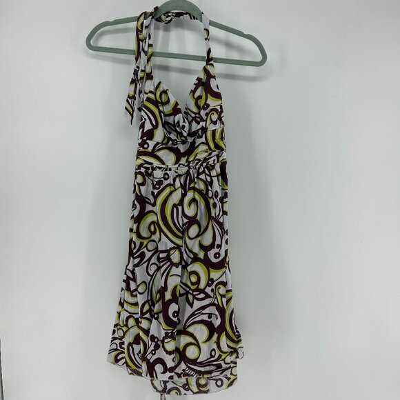 Vintage Y2K Empire Waist Halter Dress Women's 7 Flare White Green Brown Mini - Picture 1 of 10